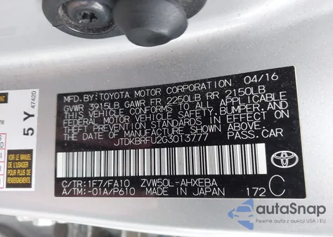 2016 Toyota Prius Two from USA, damaged, VIN JTDKBRFU2G3013777